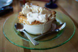 Peach cobbler and ice cream. 