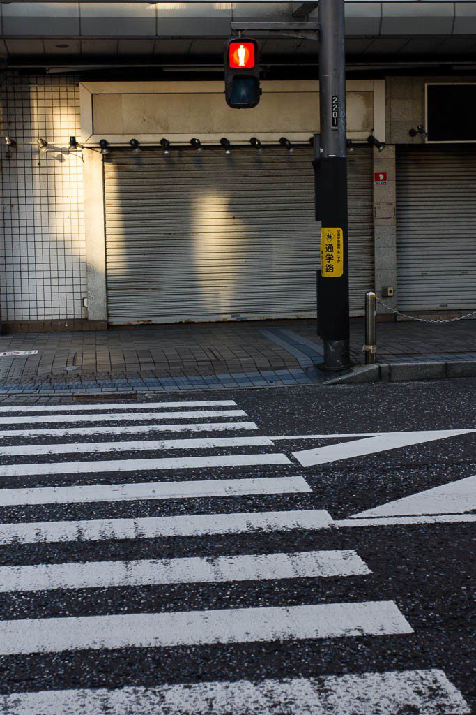 Crosswalks and interesting lighting and a bright red "don't walk!" sign.