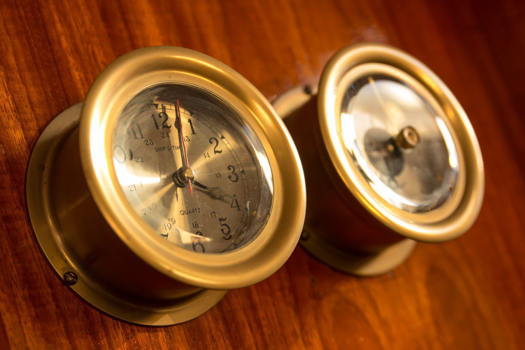 The clock from OUR sailboat.  Went down today to install some new batteries and I waxed some of the interior wood. Apparently I need to clean the glass on the clock too...