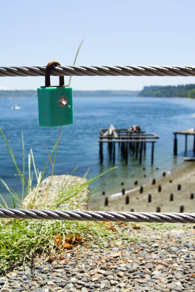 Lock on the fence with the ferry dock in the background.