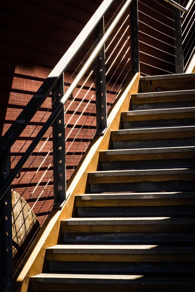 Lighting on the stairs at the wooden boat chandlery