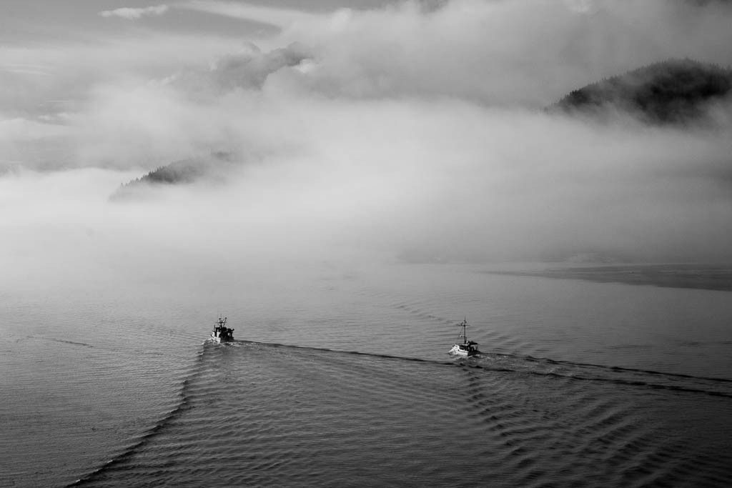 Fishing boats heading out in the fog