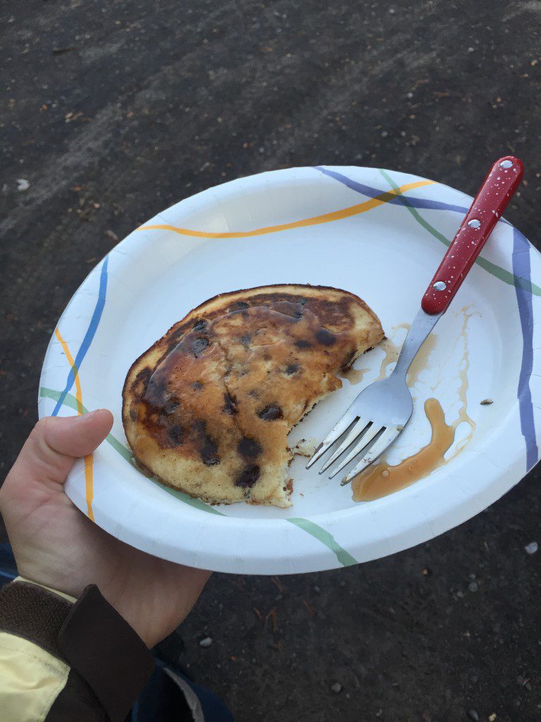 I'm spoiled and get chocolate chip pancakes while camping. Life is good! (even though it was really cold out!)