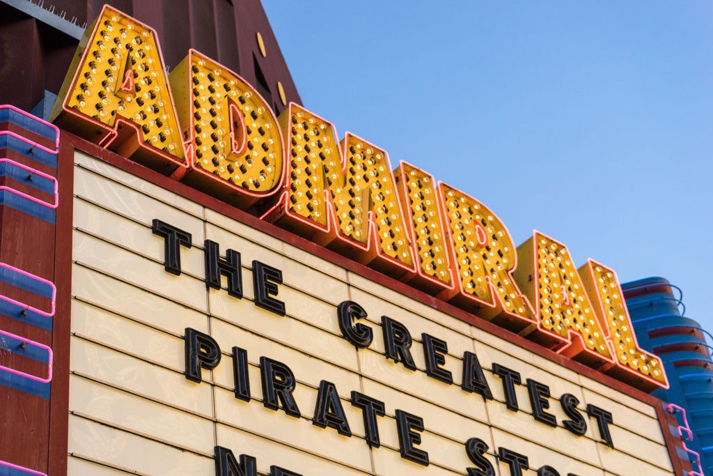 Admiral theater neon sign.  I didn't even know this was here. Apparently it's showing "The greatest pirate story ever told". 