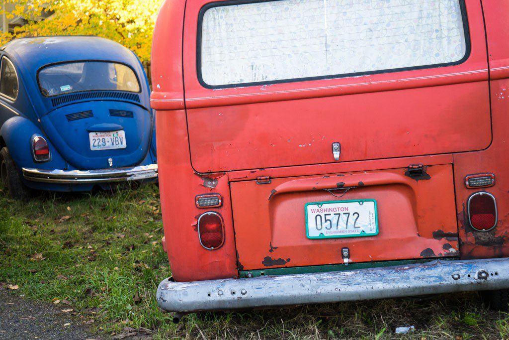 I liked this pair of old Volkswagens. The red and blue really stand out. 