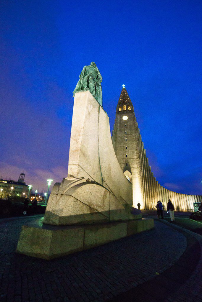 Statue of Leif Ericsson in front. 