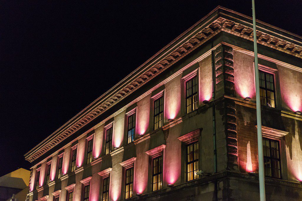 This building was all lit up pink