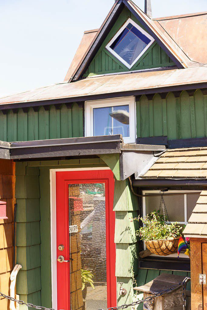 Cute little red door on a green house. 