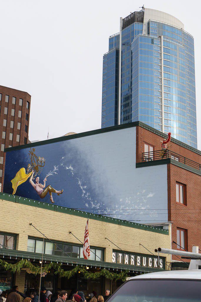 Creative mural and dancing mannequins on the patio.