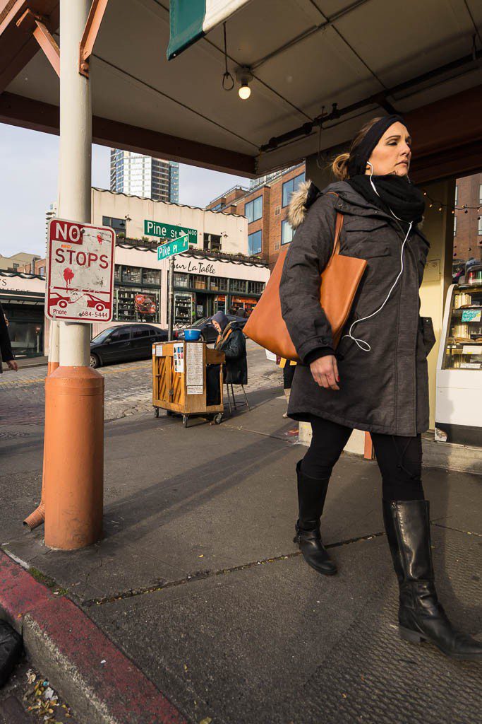 I thought the contrast between the no stopping sign and the walking woman was interesting. 