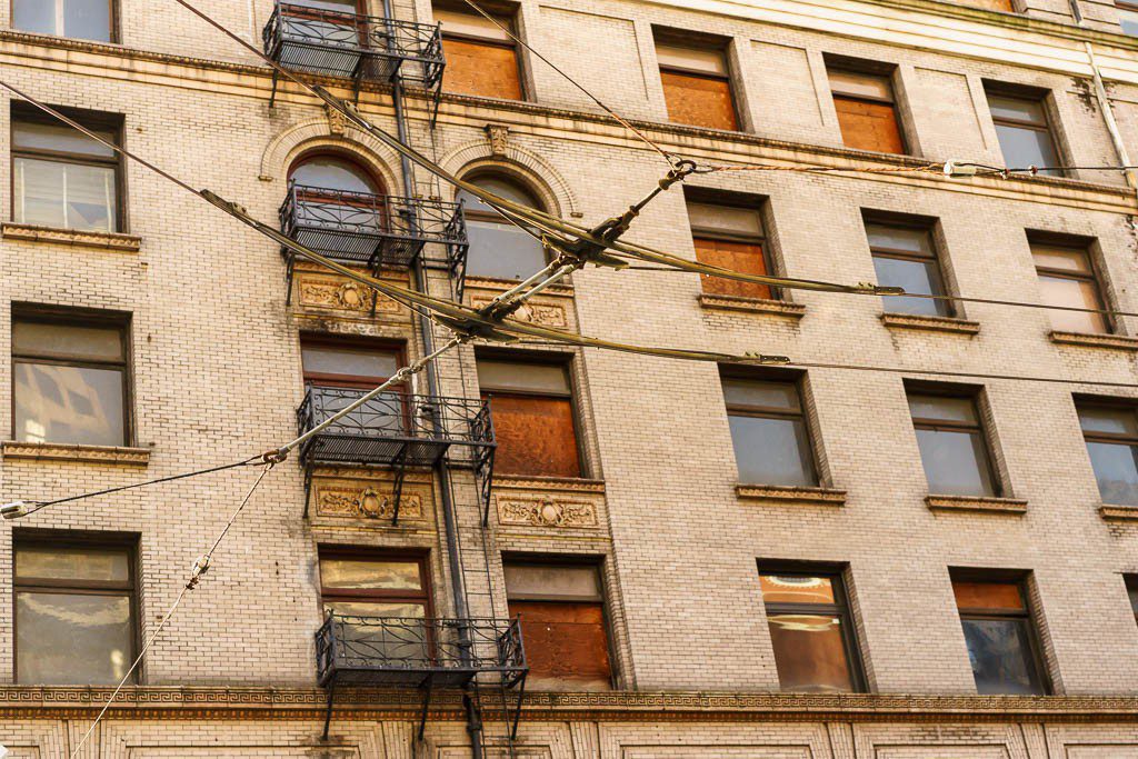 Power lines and vintage brick